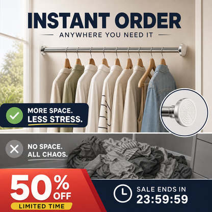 🛏️50% OFF!🔧Adjustable No-Drill Tension Rod – Damage-Free Install, Anti-Slip & Multi-Purpose, Max 15KG Load 🏠