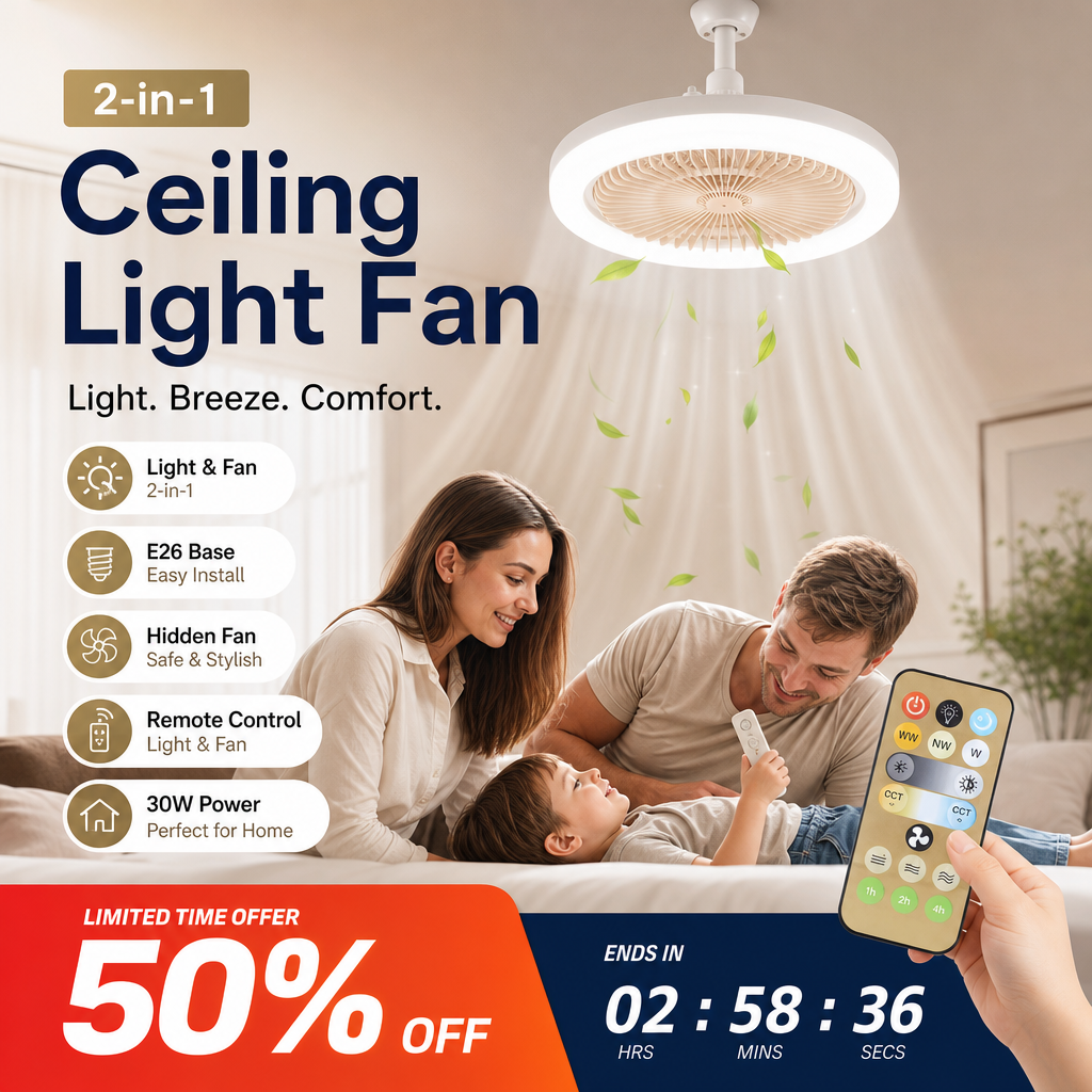 💡 LIMITED-TIME 50% OFF! 🌀 LED Ceiling Fan with Remote – 3-Color Dimming, Silent Copper Motor, Bladeless Design ✨