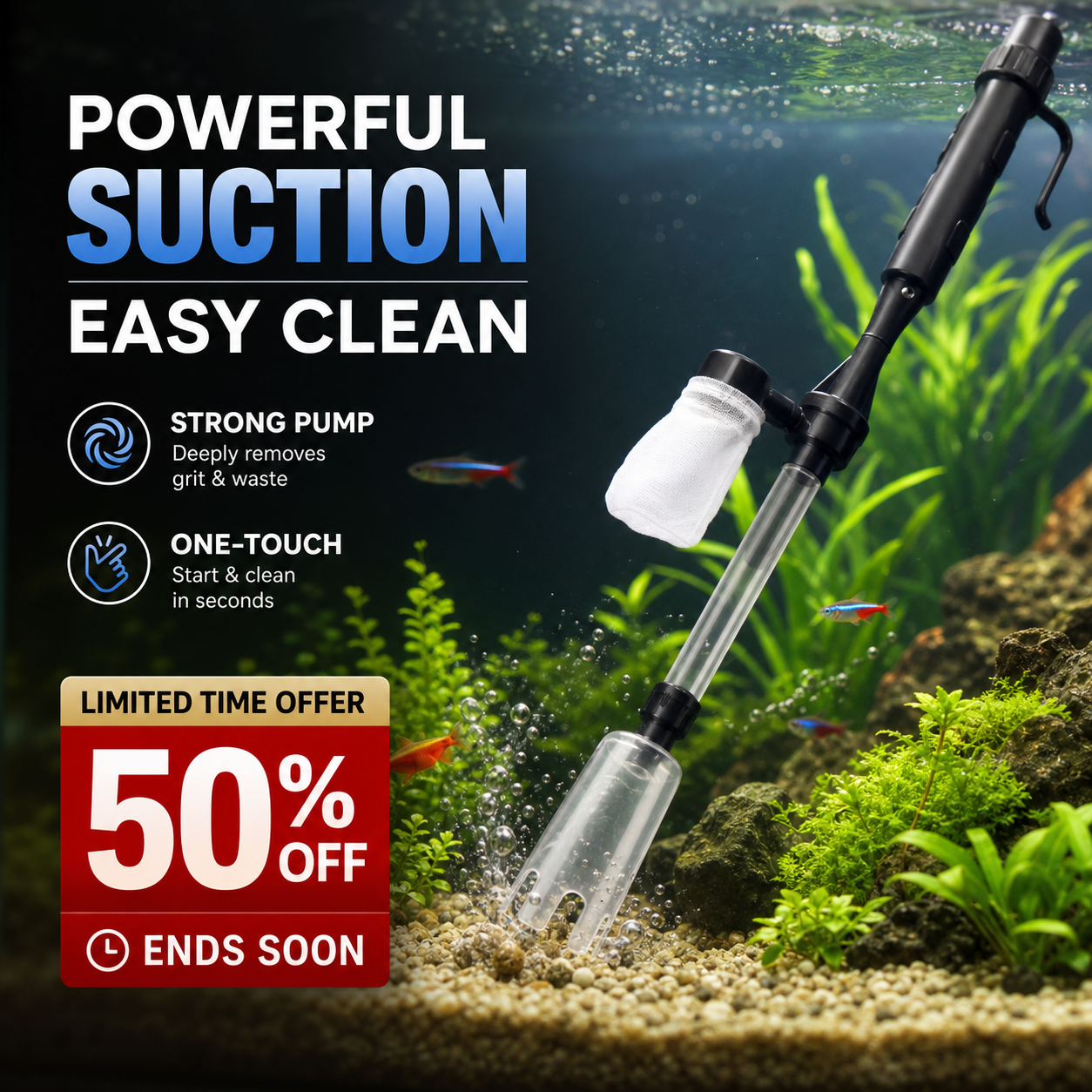 ⏳ LAST DAY 50% OFF! 🐠 Electric Aquarium Gravel Cleaner – 💧 Powerful Siphon & Crystal-Clear Water ✨